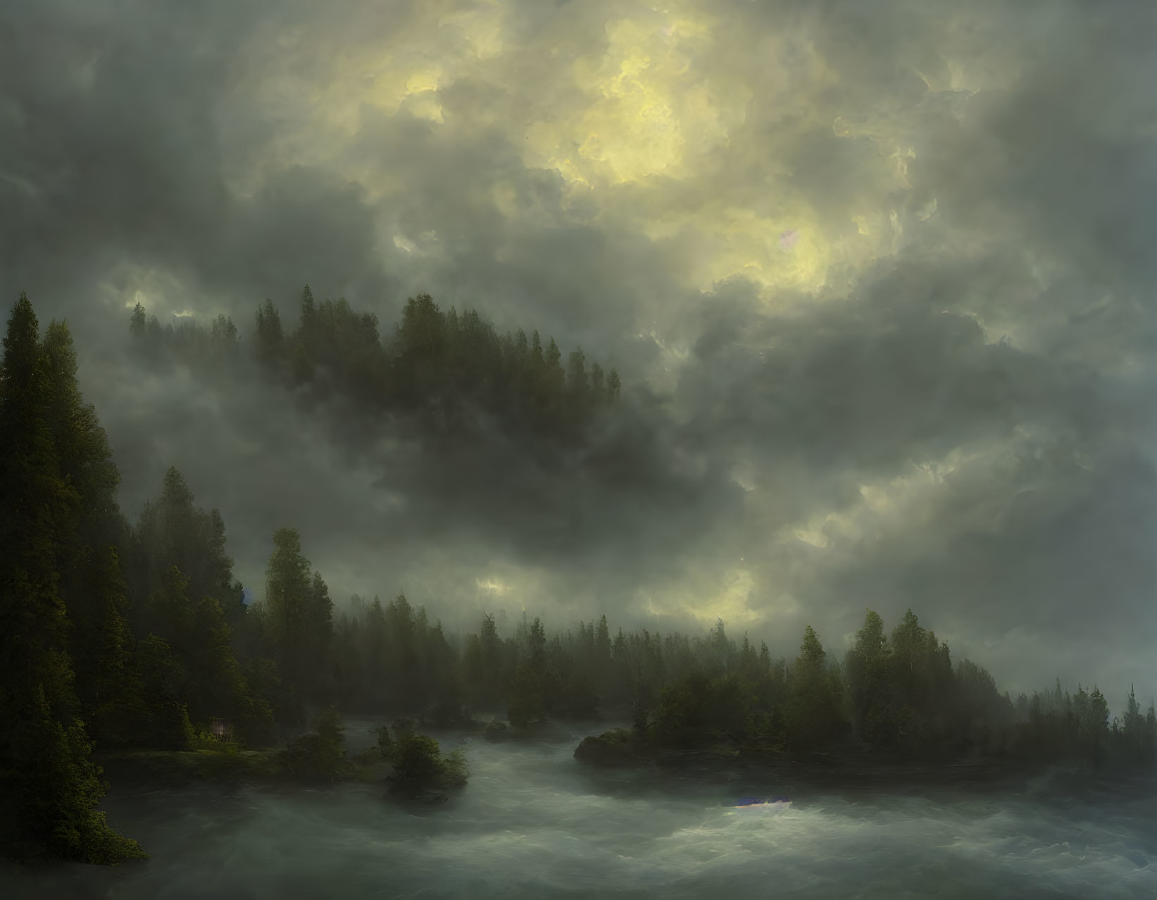 Misty forest landscape under stormy sky with glowing clouds