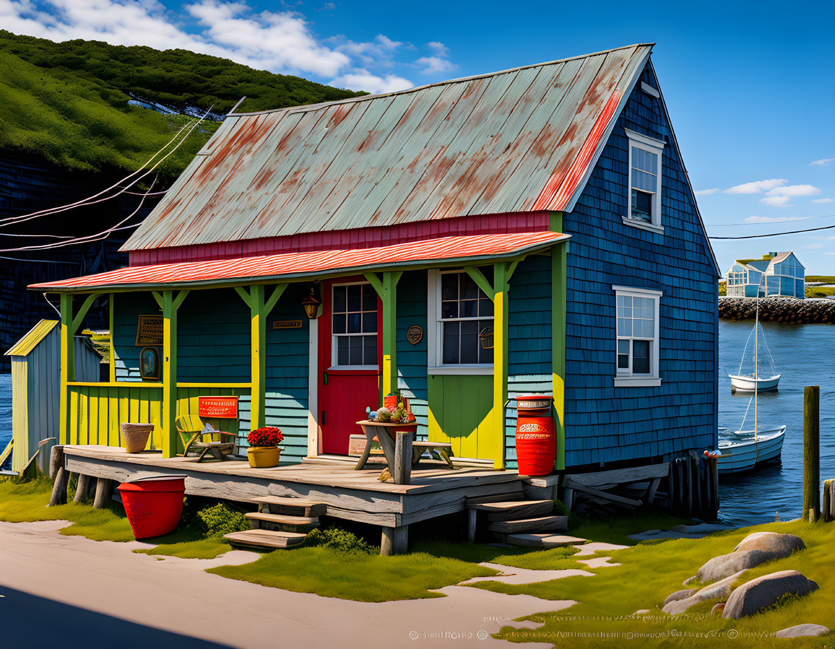 Vibrant blue and green wooden house with red roof and harbor view