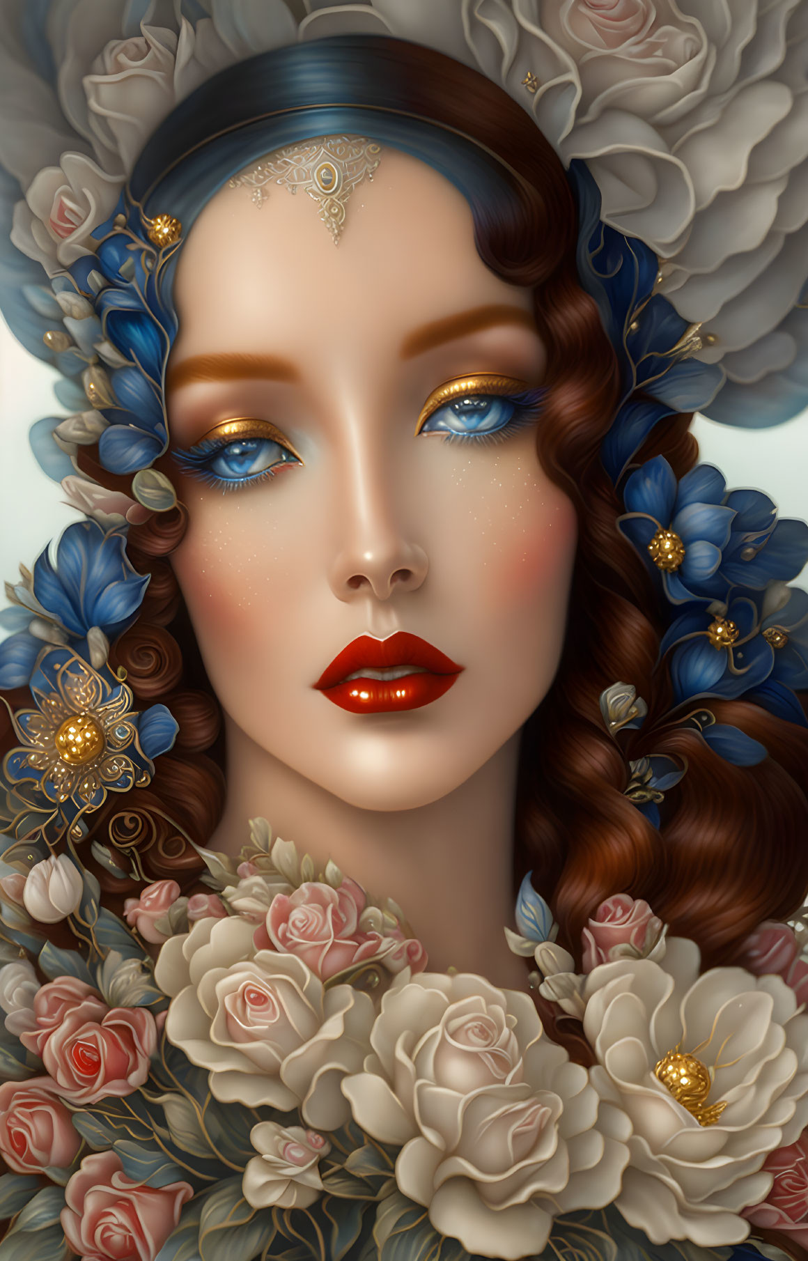 Illustration of woman with blue flowers, red lips, roses, & gold jewelry.