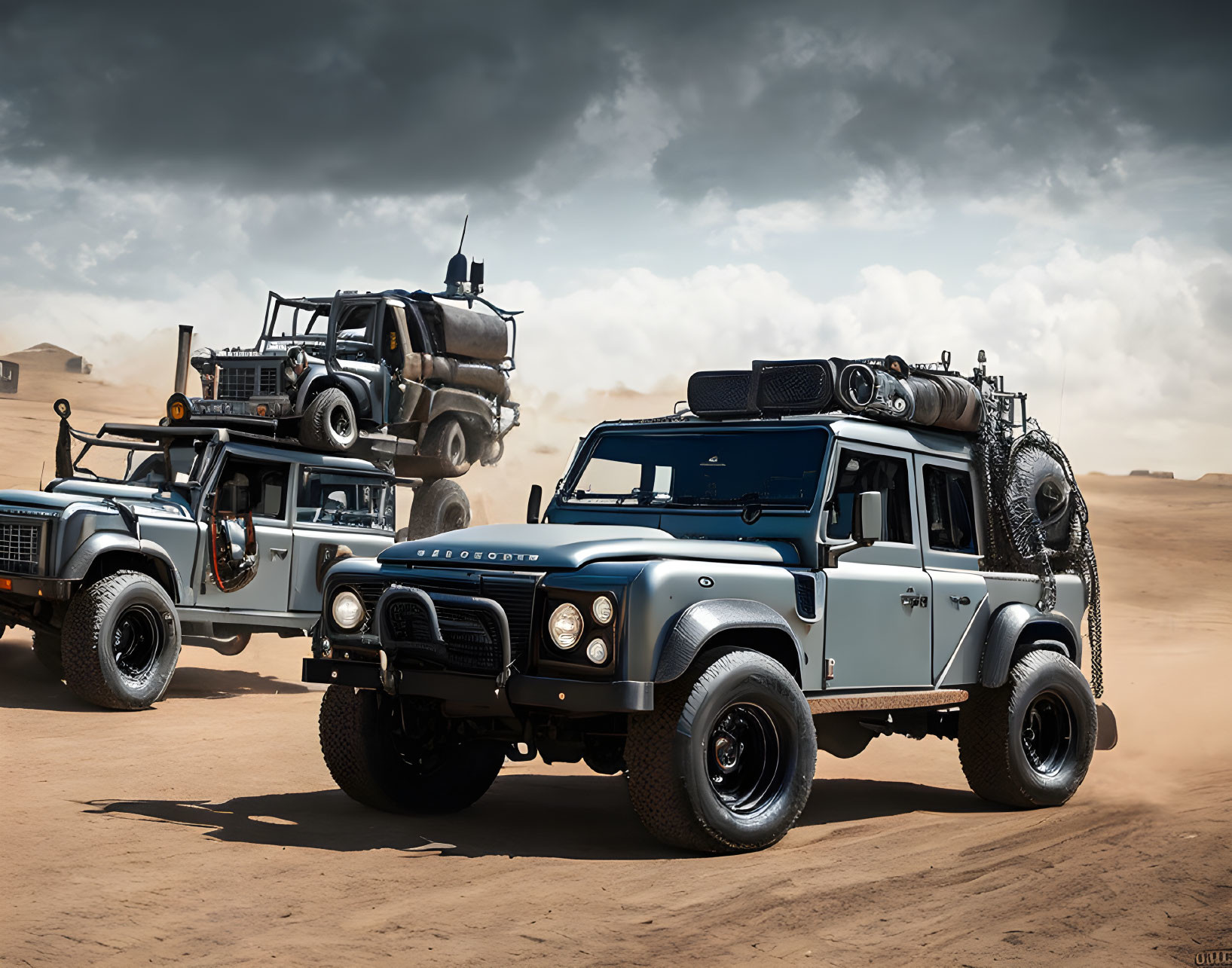 Rugged off-road vehicles with extra gear in sandy desert landscape