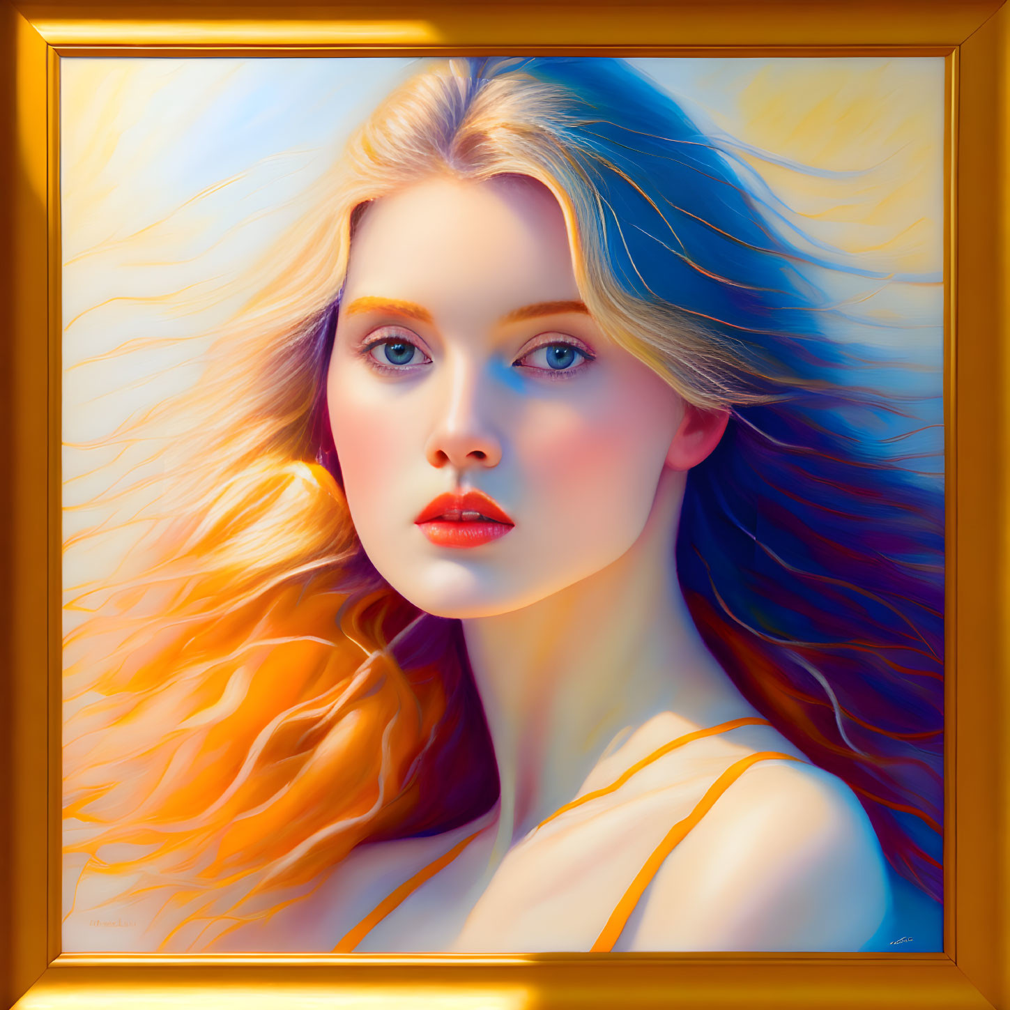 Portrait of a woman with golden hair and blue eyes in a golden frame