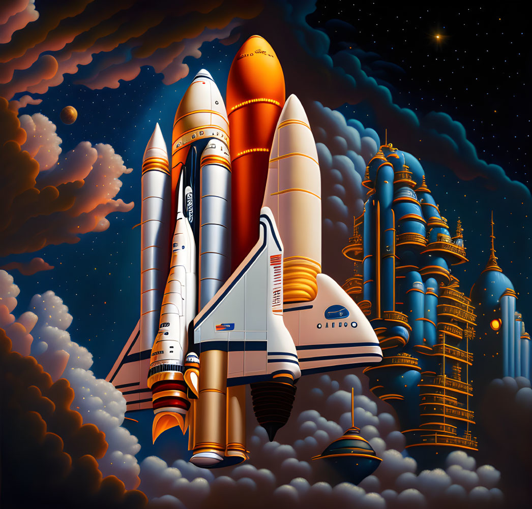 Colorful space shuttle liftoff with futuristic cityscape.