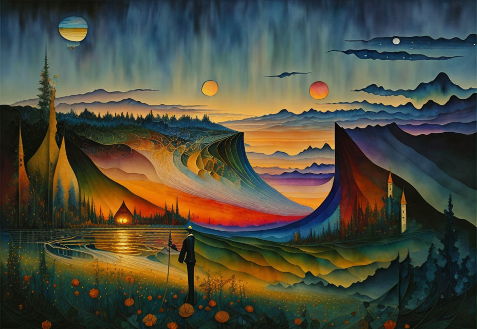 Vibrant surreal landscape with multiple suns, figure, lighthouse, and mountainous waves