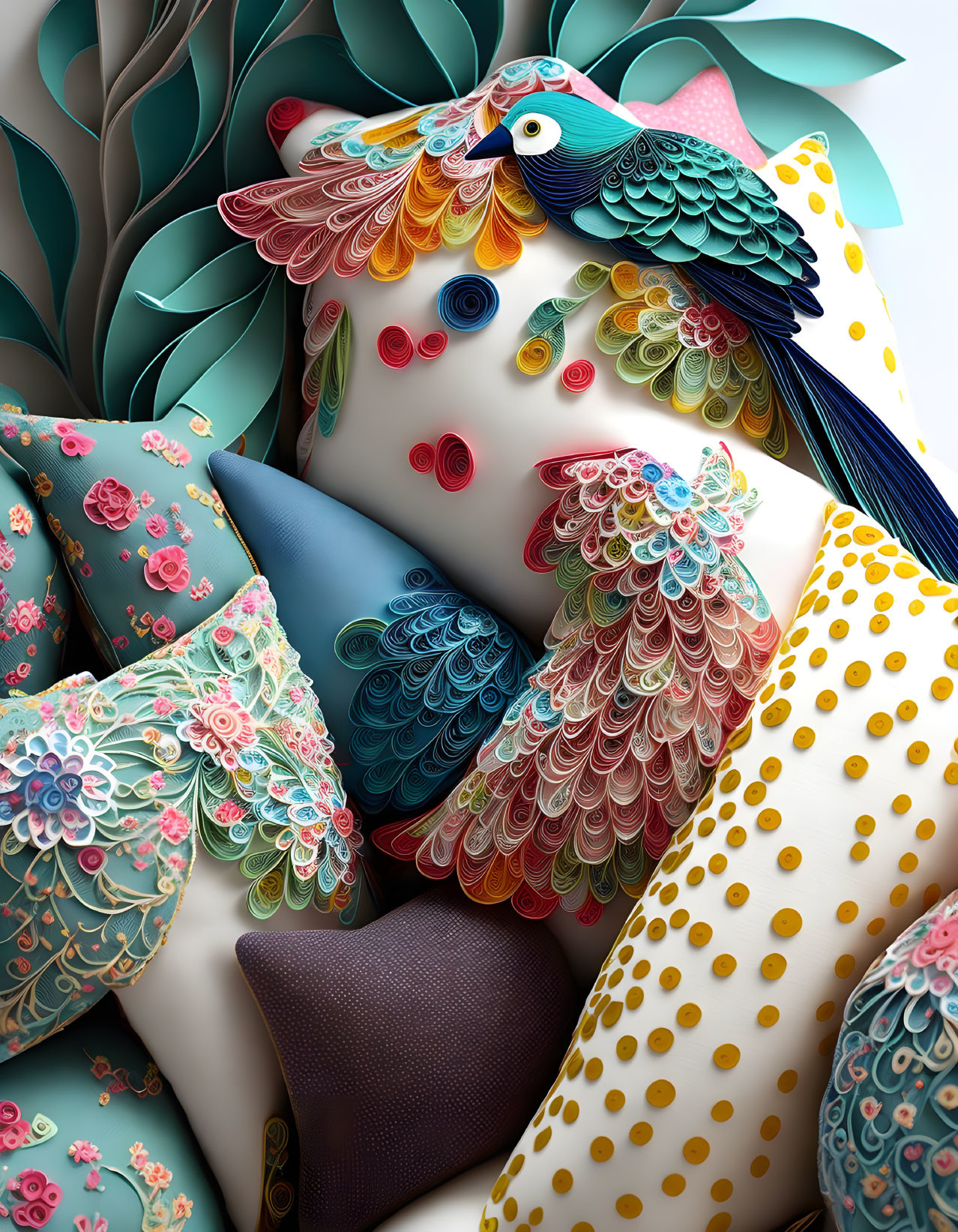 Colorful Parrot Art Among Intricate Patterned Pillows