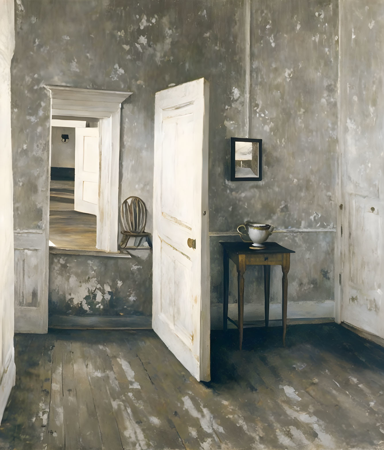 Old Room Painting: Open Doors, Shabby Walls, Chair Reflection, Small Table