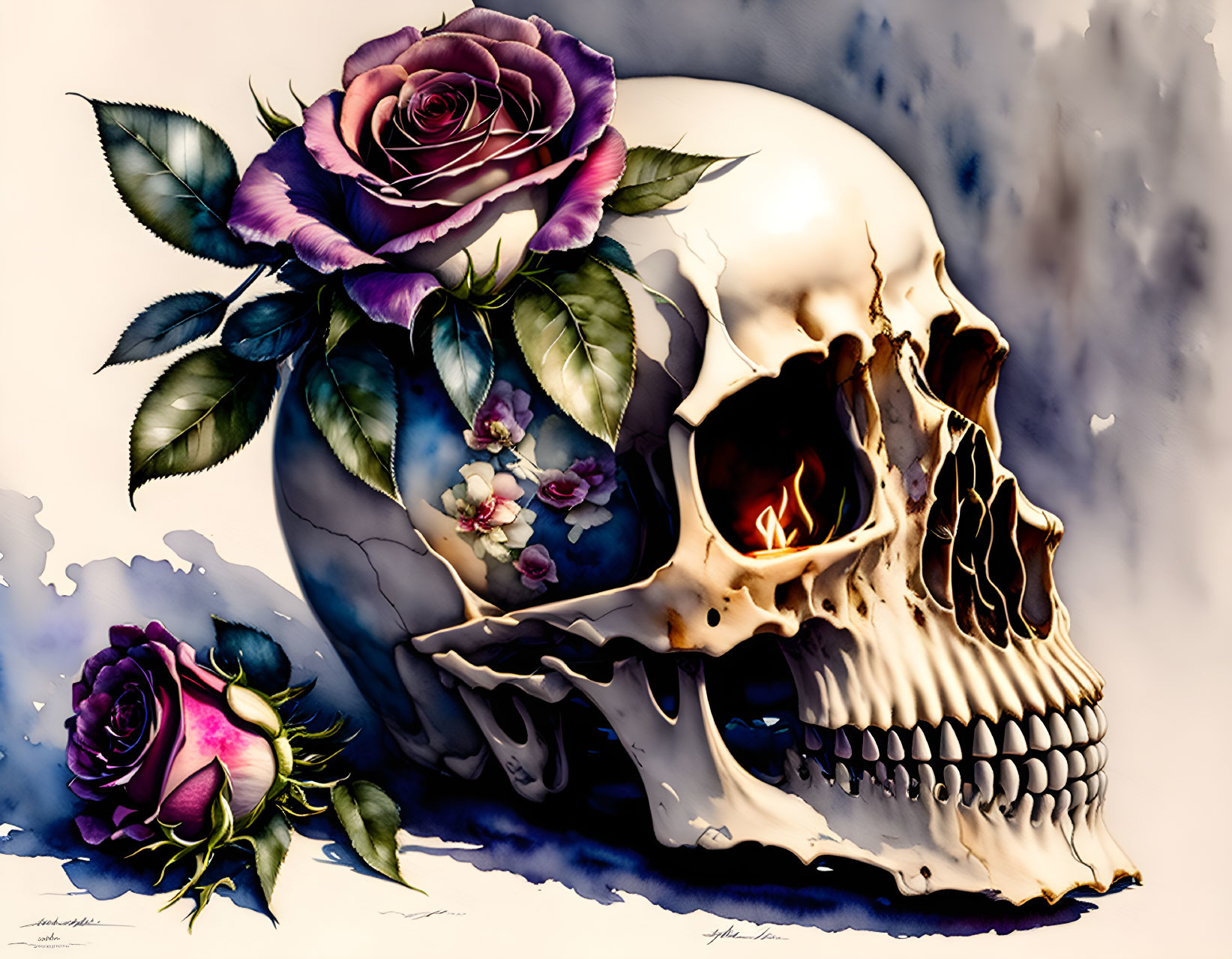 Skull and rose with floral elements on colorful backdrop