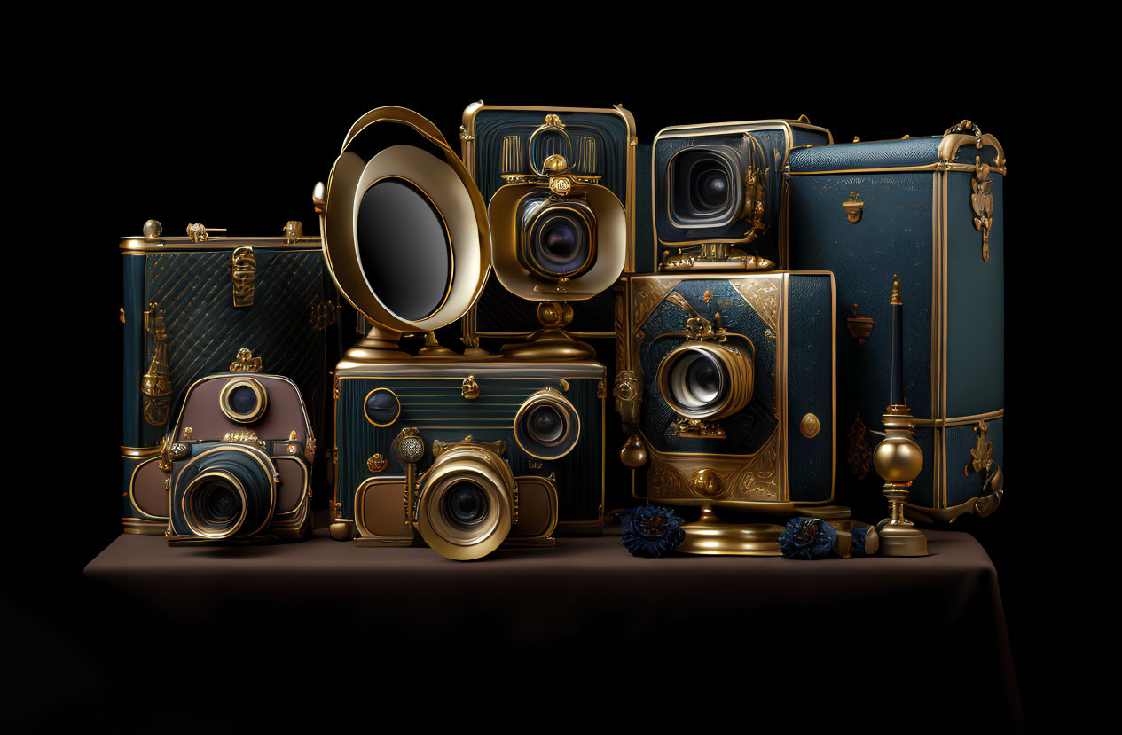 Vintage Cameras and Suitcases with Gold Accents on Draped Cloth