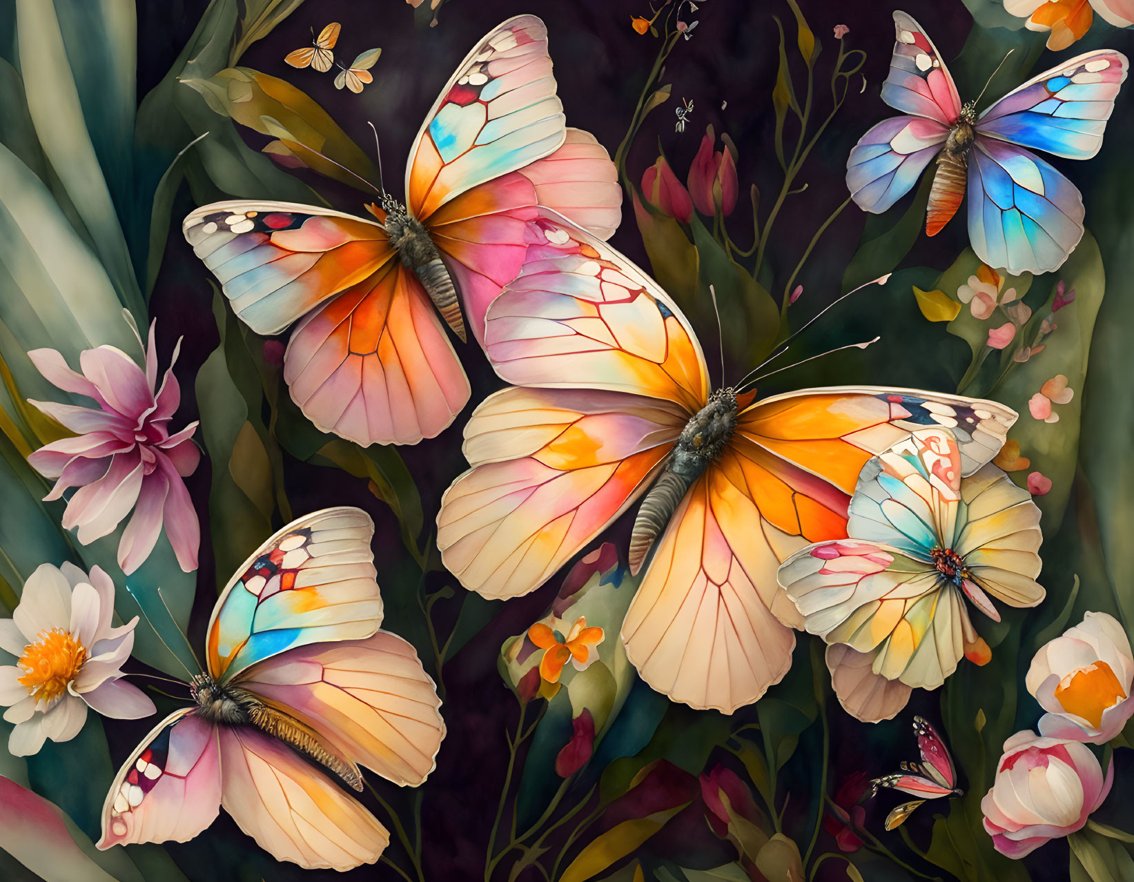 Vibrant Butterfly Wing Patterns on Dark Foliage and Flowers