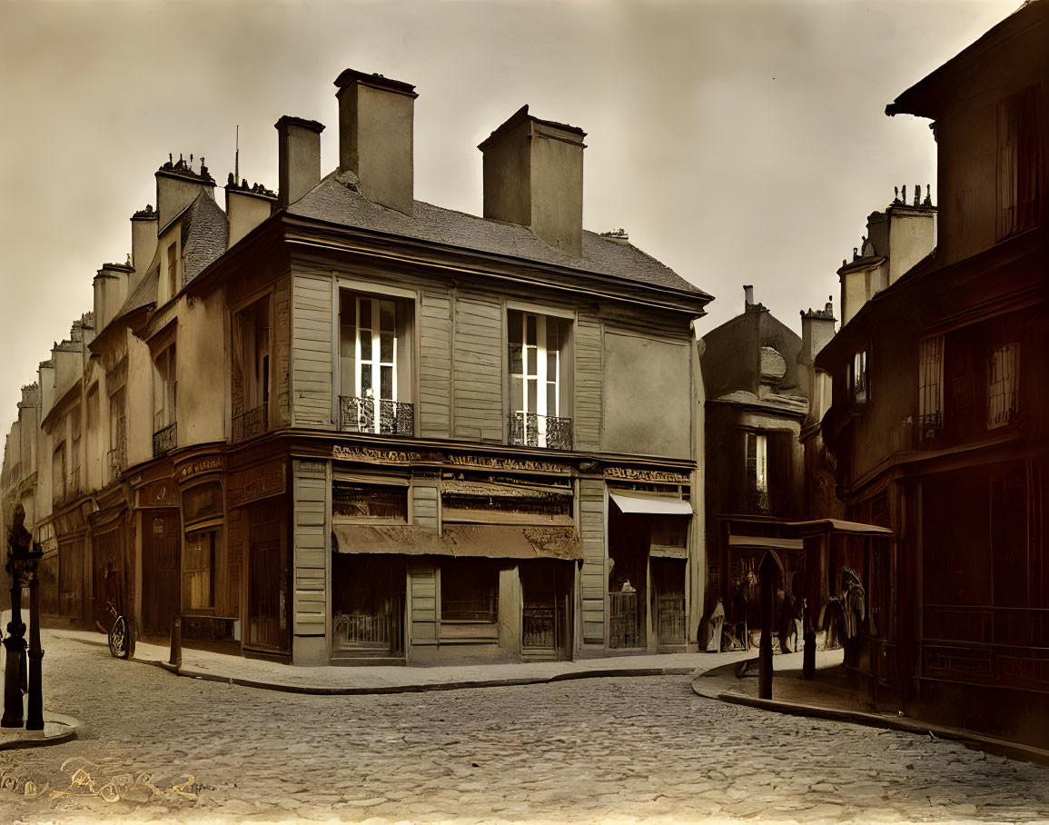 Vintage sepia-toned street scene with two-story shop and pedestrians