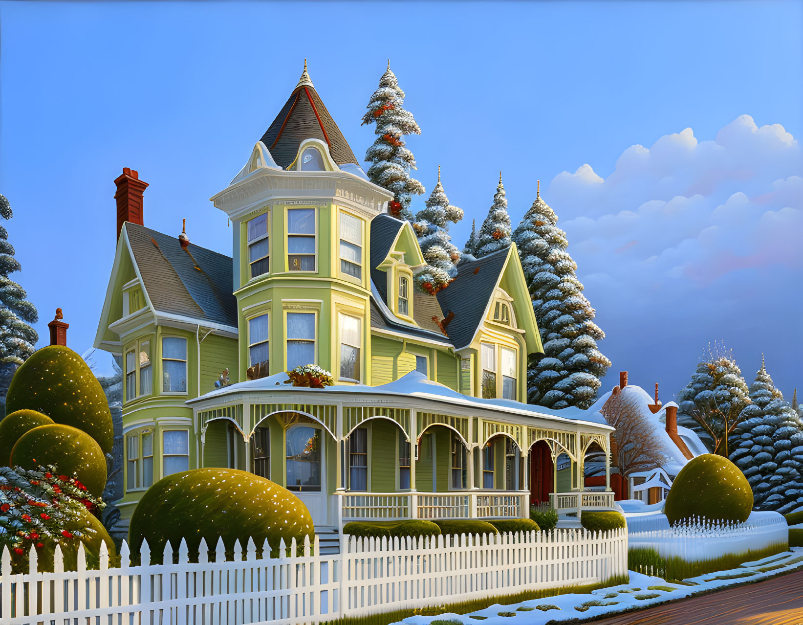 Victorian-style house with yellow facade in snowy landscape