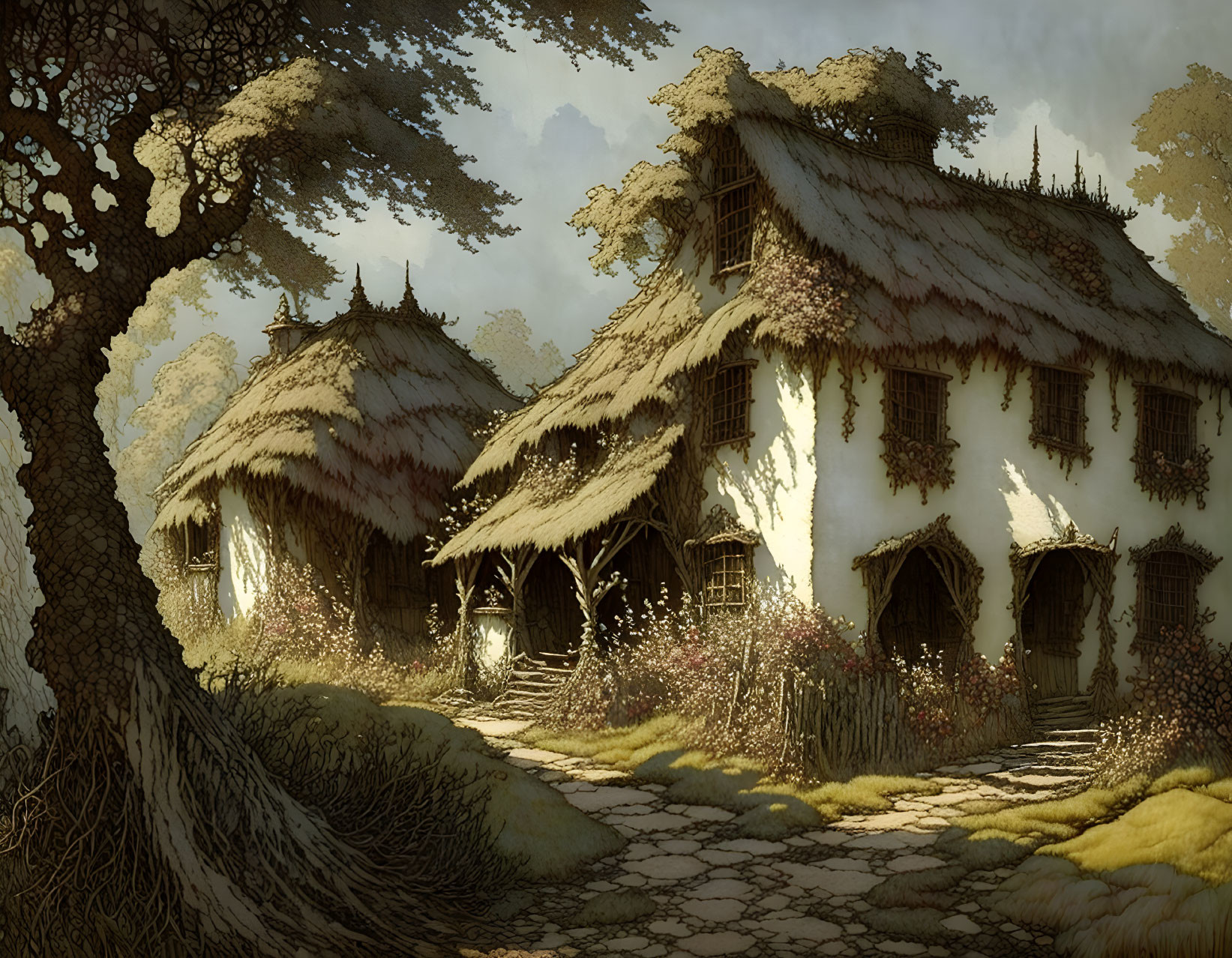 Rural fantasy cottage with thatched roofs and lush foliage