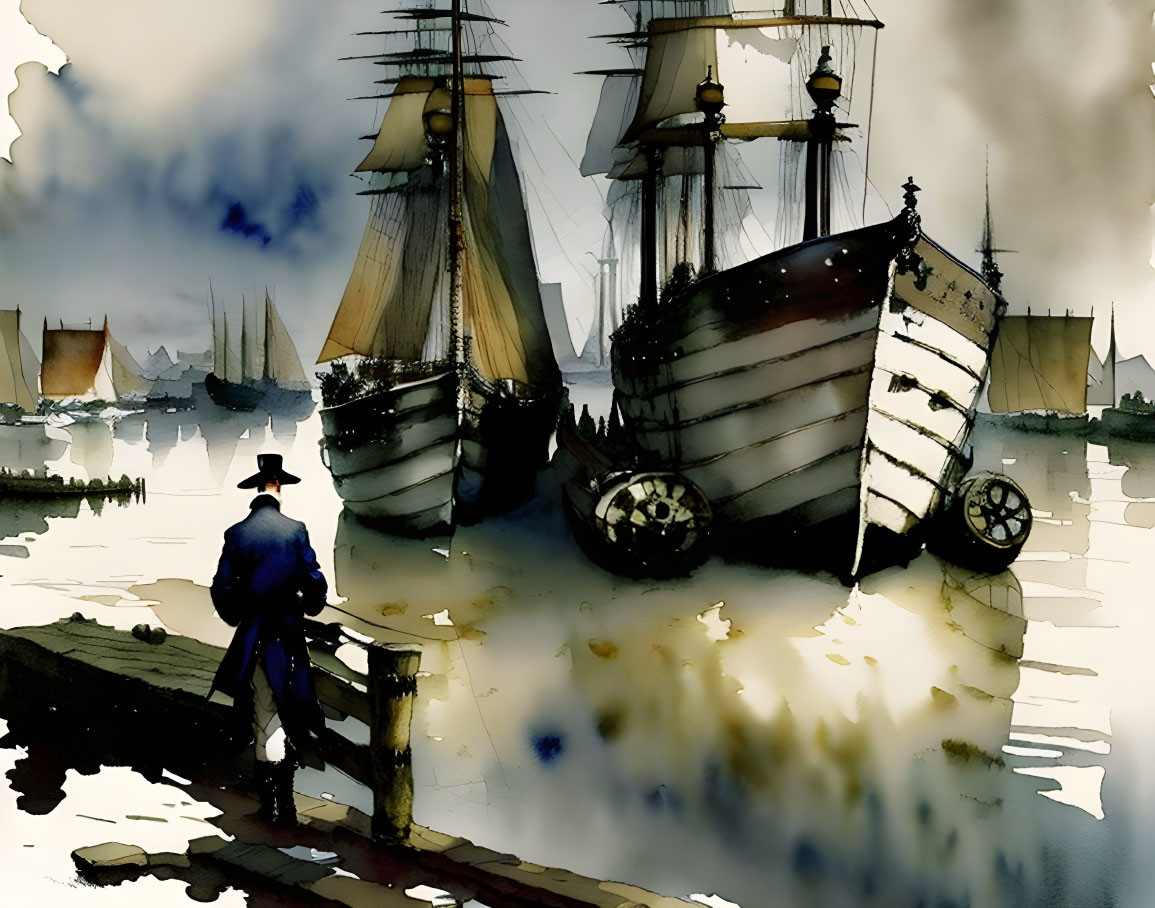 Colonial attire figure in watercolor harbor scene