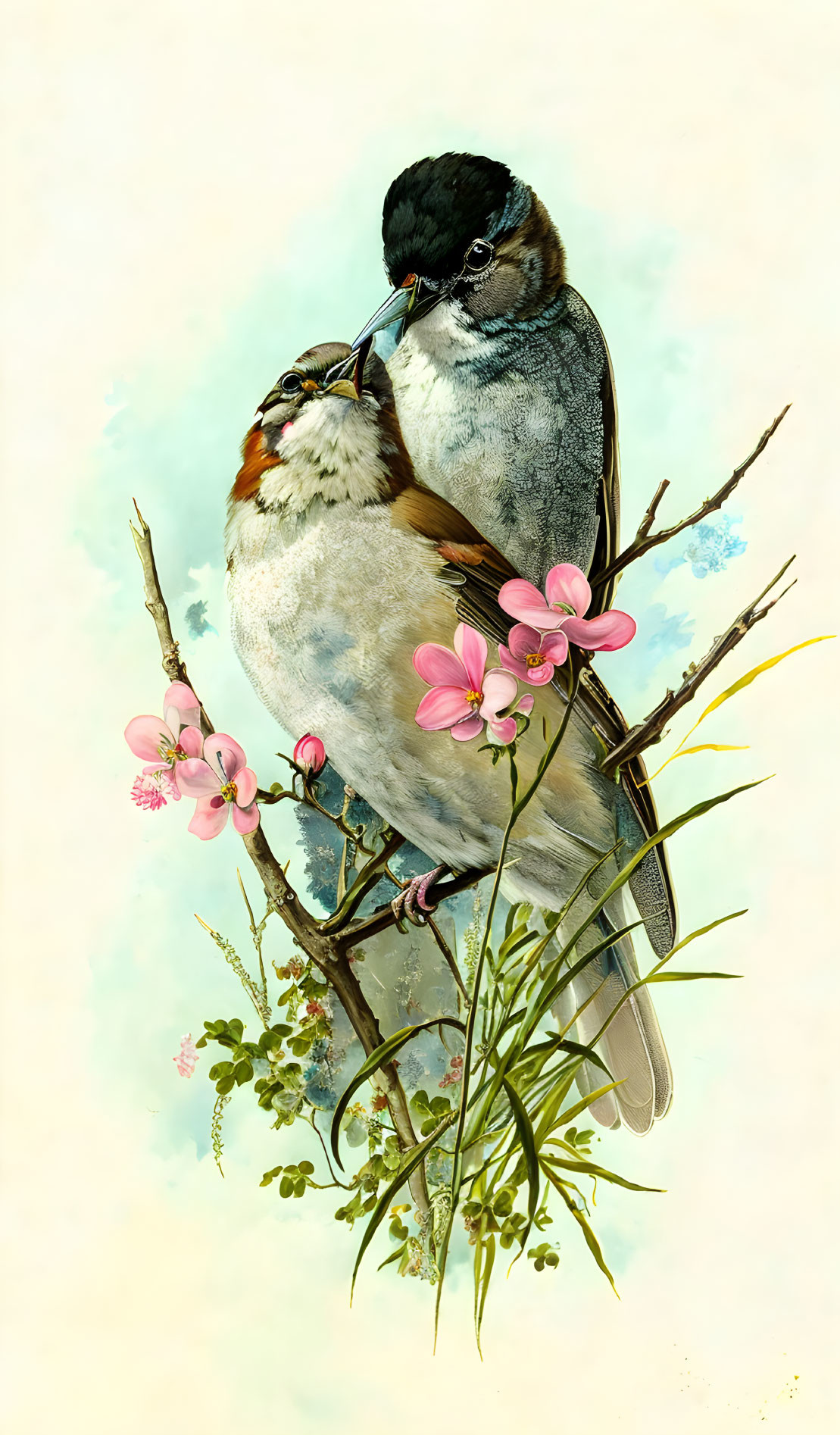 Vibrant plumage birds on branch with pink flowers in pale background