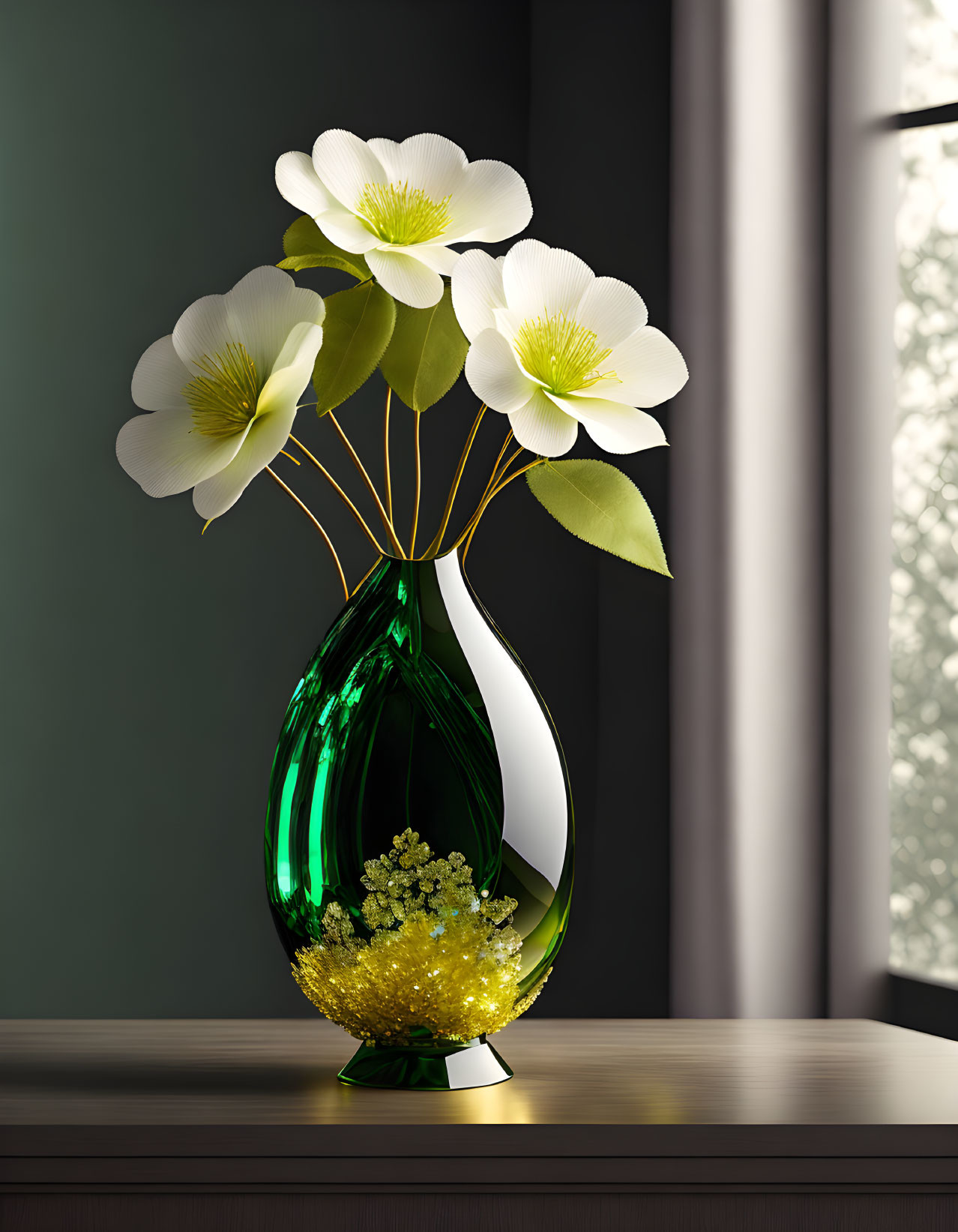 Green and White Vase with Flowers on Wooden Surface