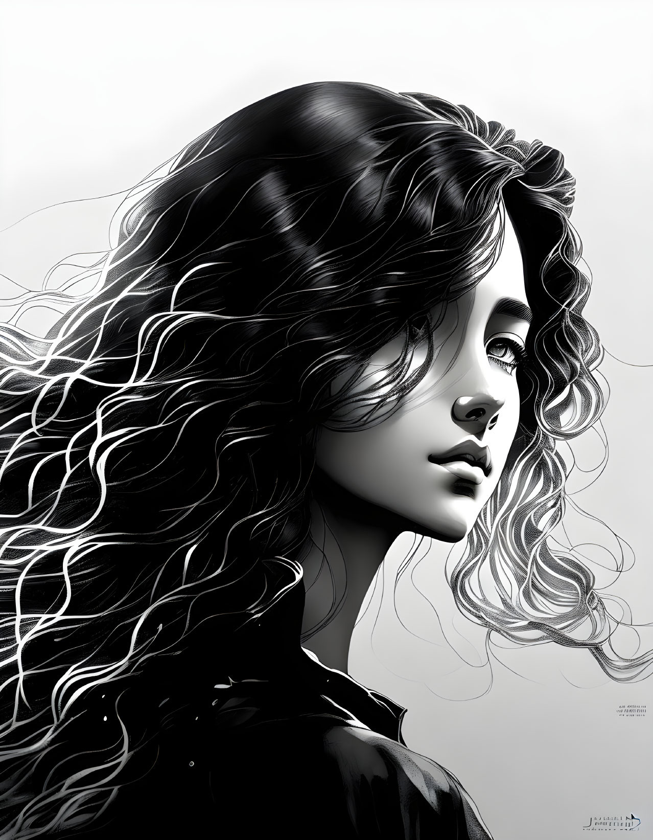 Detailed black and white digital artwork of a pensive woman with curly hair