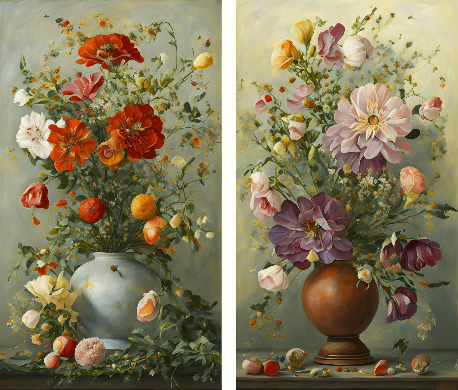 Colorful Floral Paintings: Bouquets in Vase and Urn