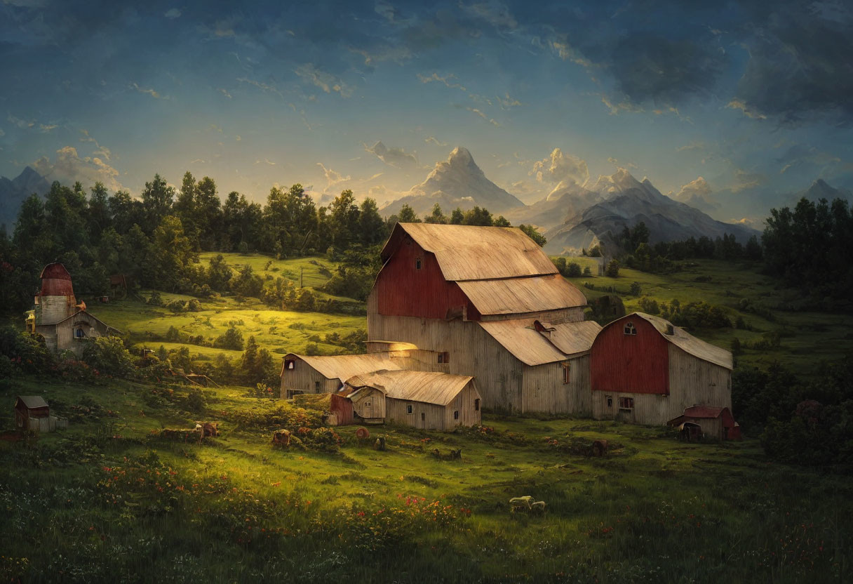 Rustic farm scene with red-roofed buildings, green fields, trees, dramatic sky,