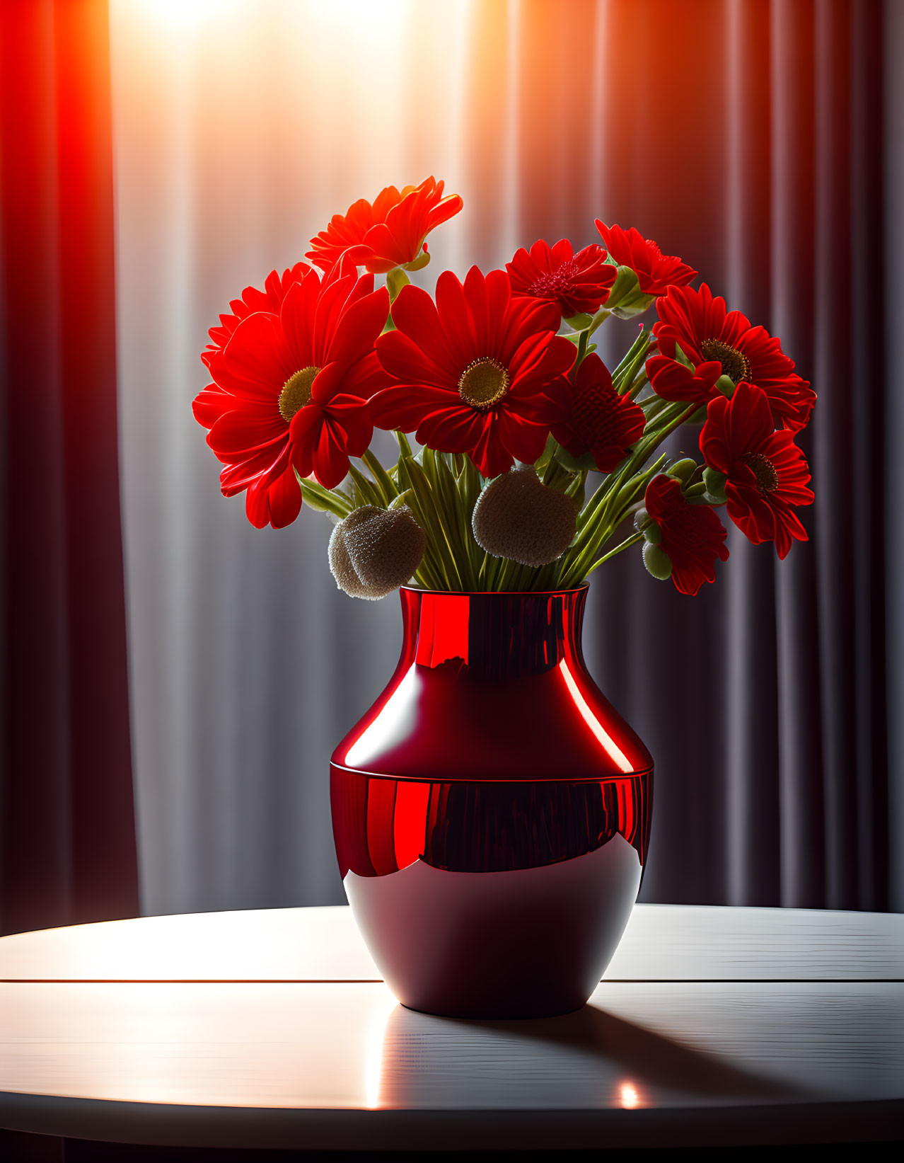 Vibrant red gerbera daisies in glossy vase on table with sunbeams.