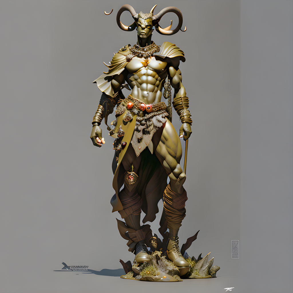 Fantasy character in golden armor with ram horns on rocky base