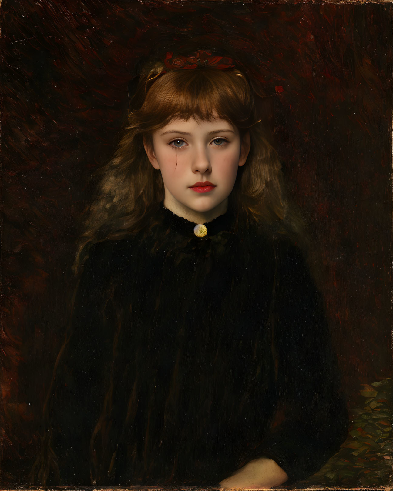 Young girl portrait: fair skin, wavy blonde hair, black fur coat, gold headband,