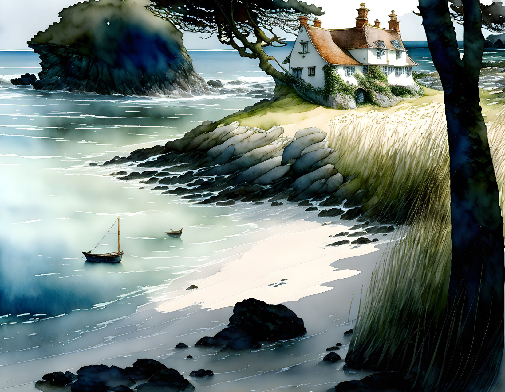 Coastal illustration of white house, sailboat, rocky shores, and bright sky