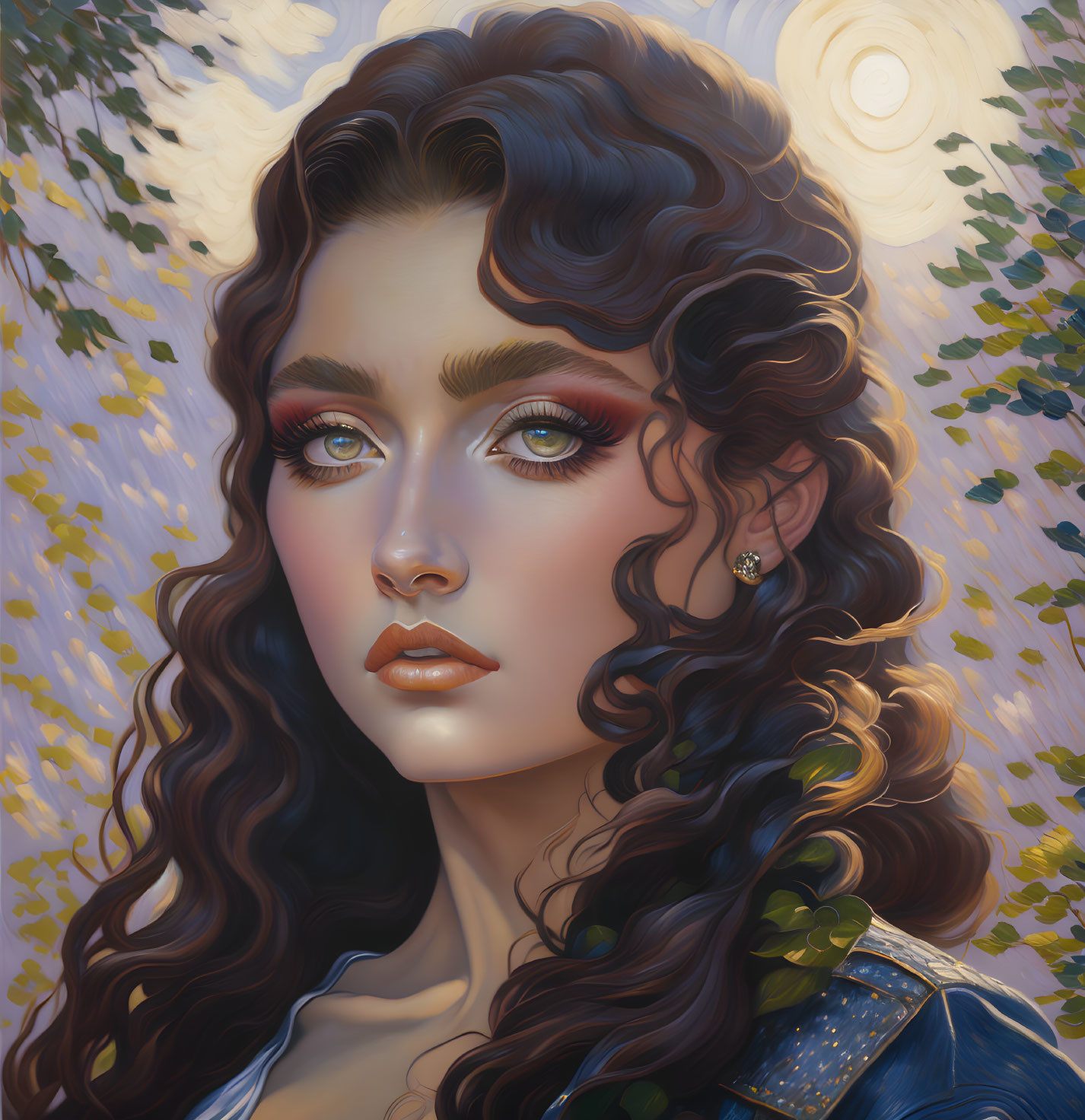 Portrait of woman with curly dark hair in autumnal setting