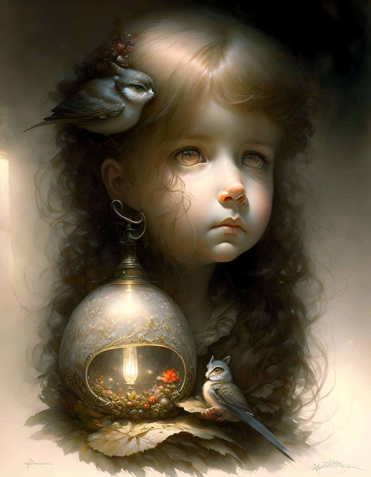 Young girl with curly hair holding ornate lamp in digital painting