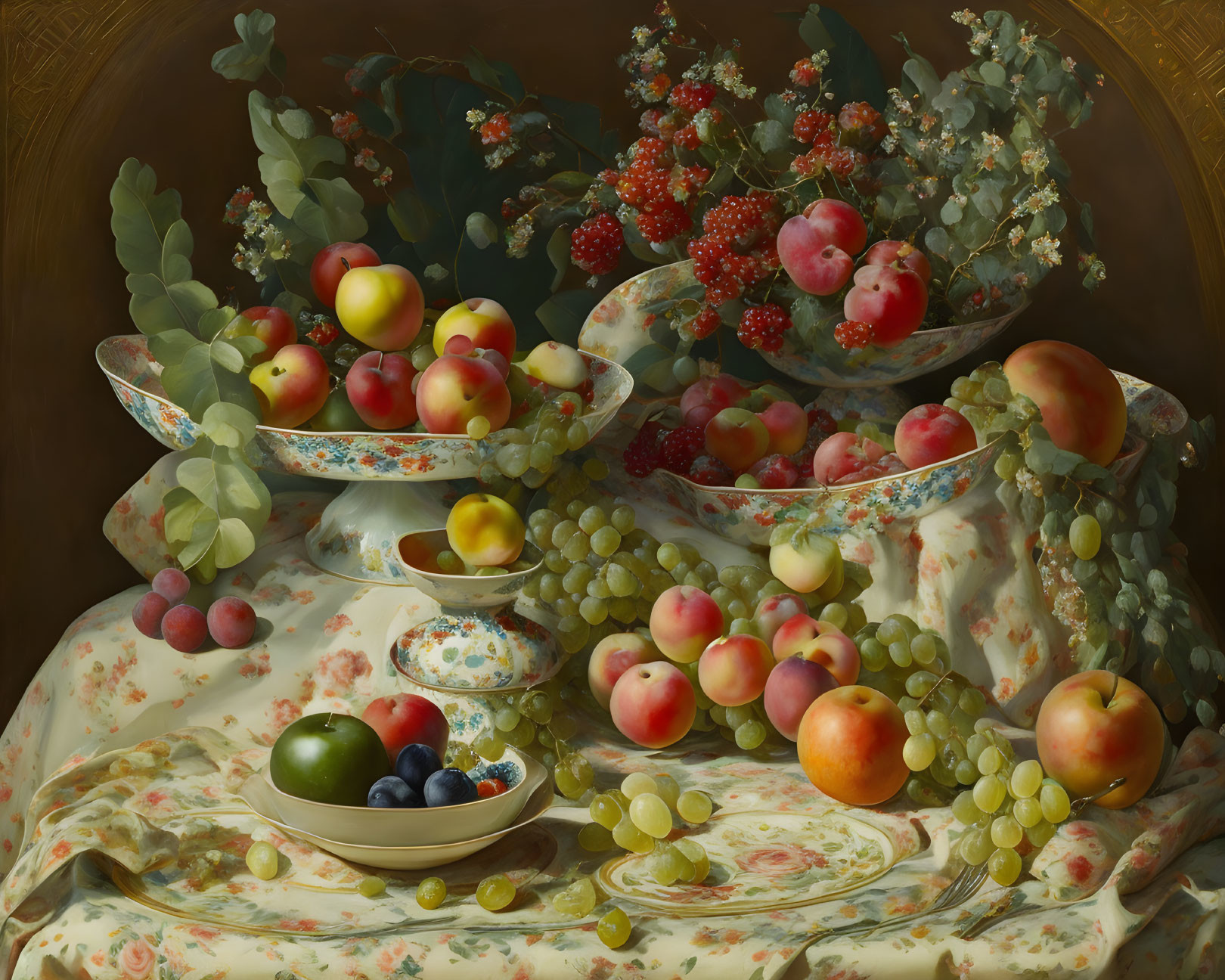 Array of Fruits on Patterned Bowls and Draped Fabric