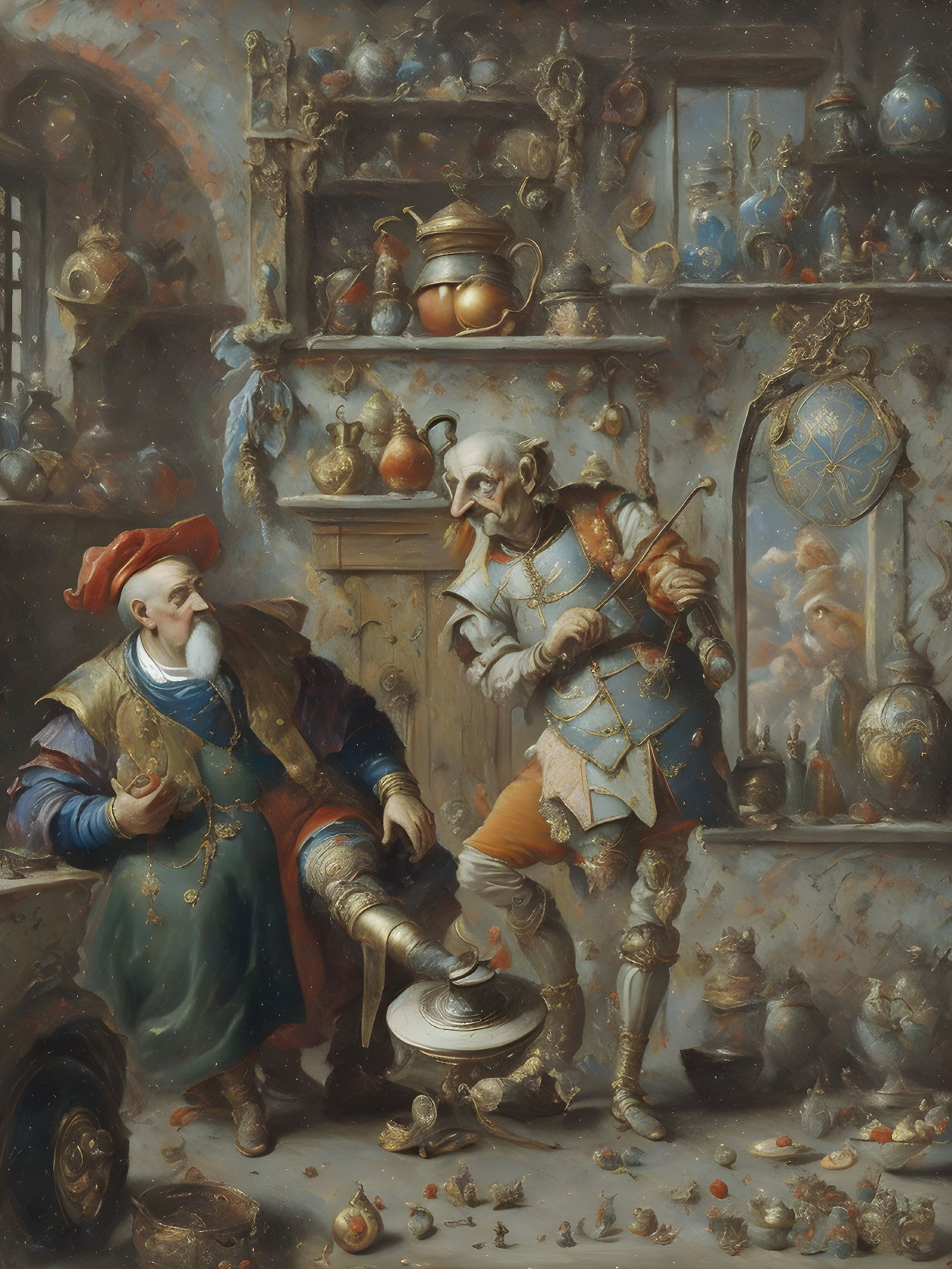 Detailed Oil Painting of Two Men in Extravagant Attire in Antique Shop