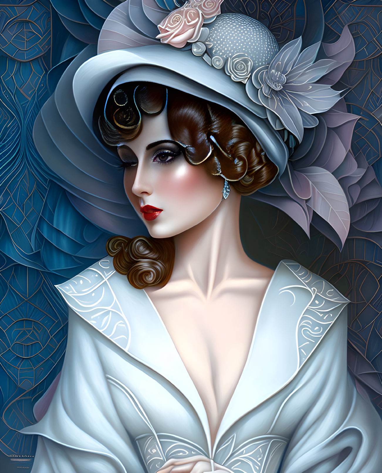 Vintage Woman Portrait in Elegant Hat with Floral Adornments on Blue Background