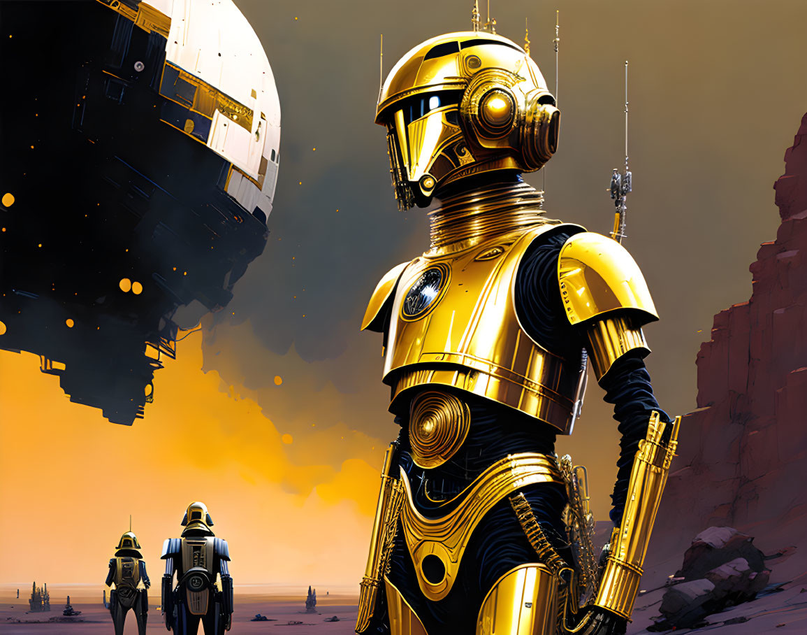 Golden robot in desert with spaceship and figures walking away