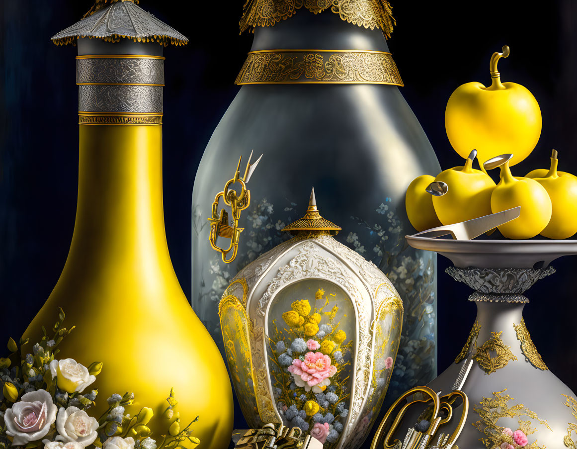 Elegant Golden and Silver Vases and Fruit with Floral Designs