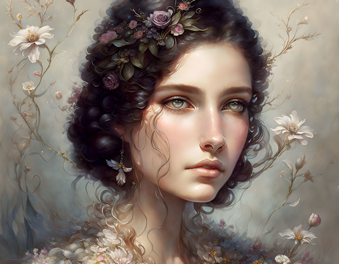 Ethereal digital painting of woman with dark curly hair and flowers