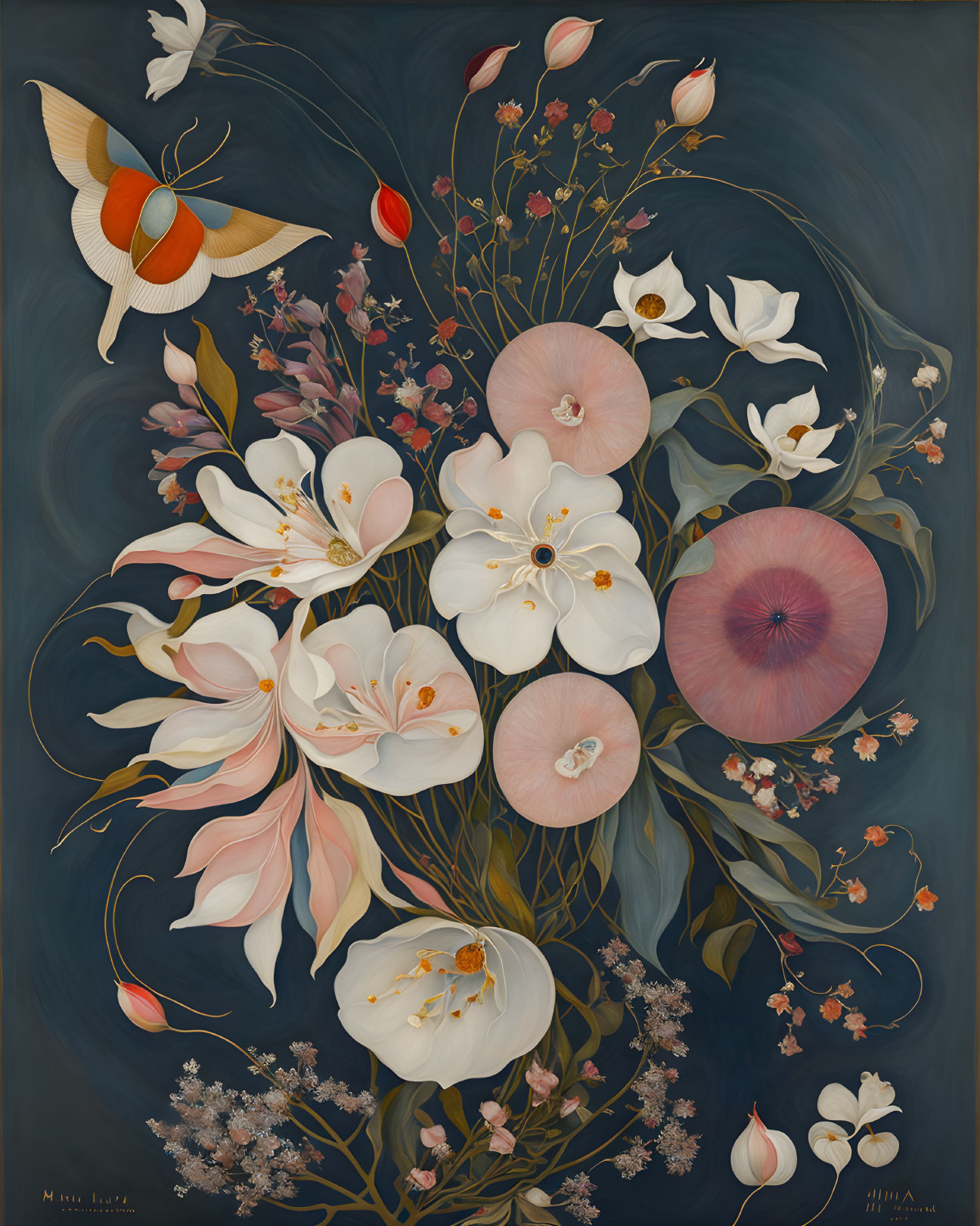 Botanical illustration of diverse pastel flowers on dark background