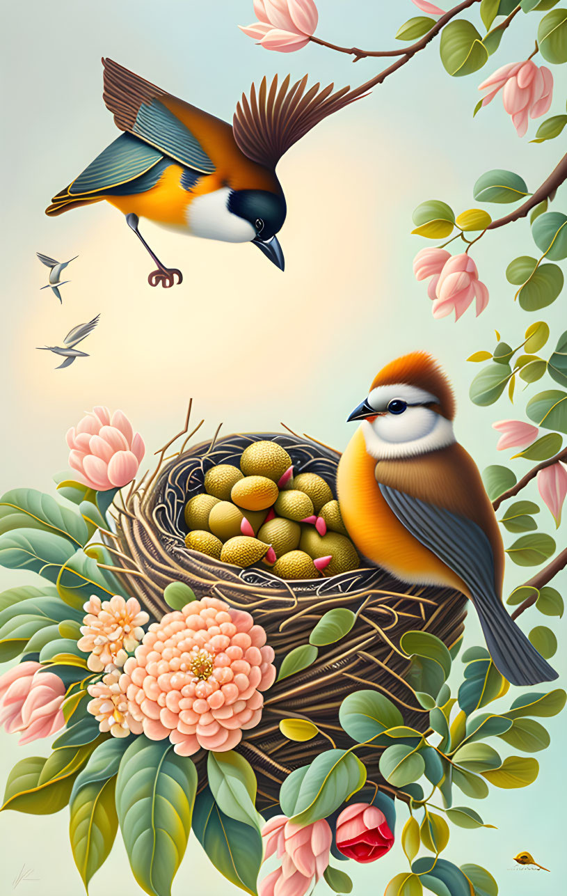 Colorful bird flying to nest with eggs and flowers