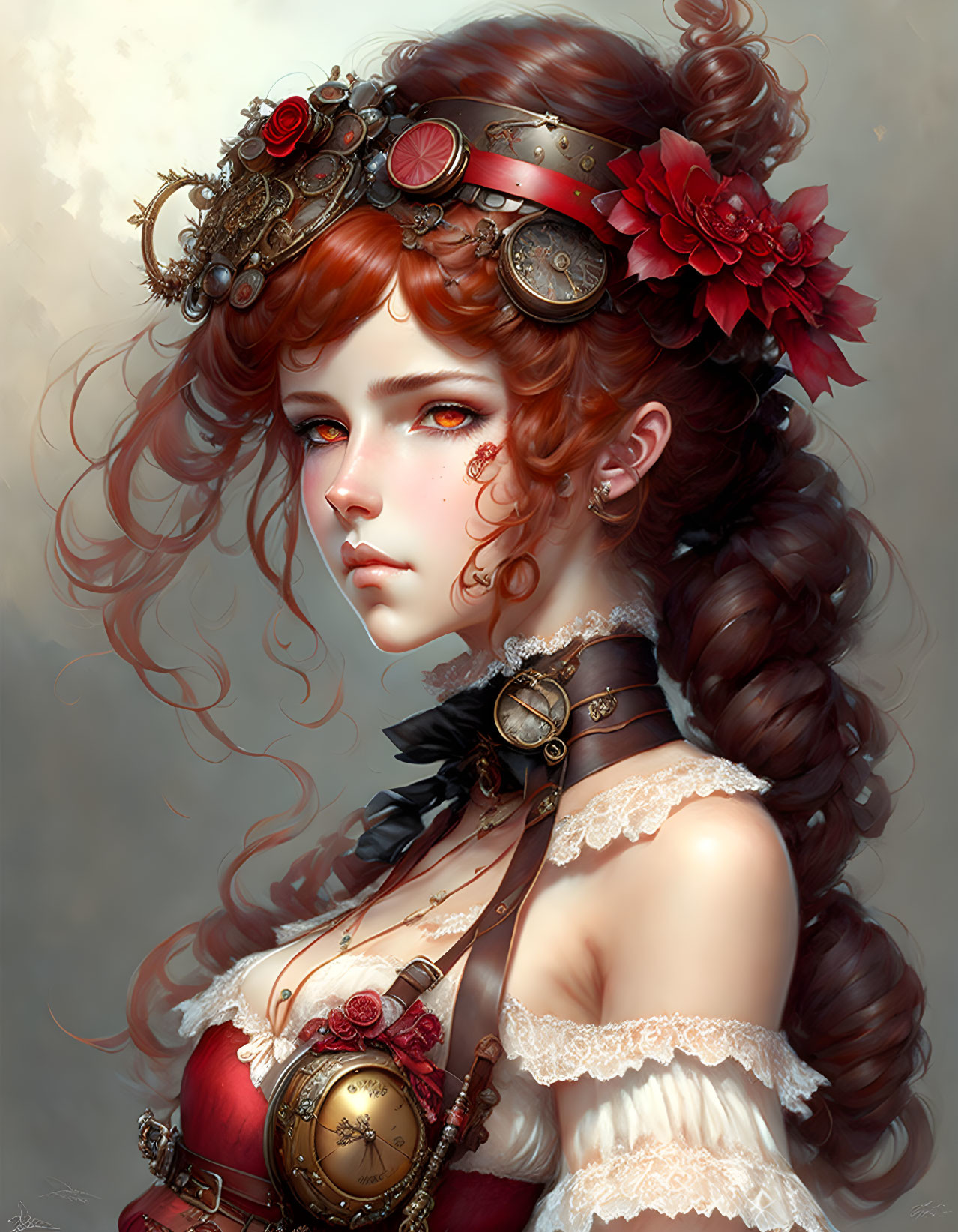 Red-haired woman portrait with steampunk accessories and lace floral details