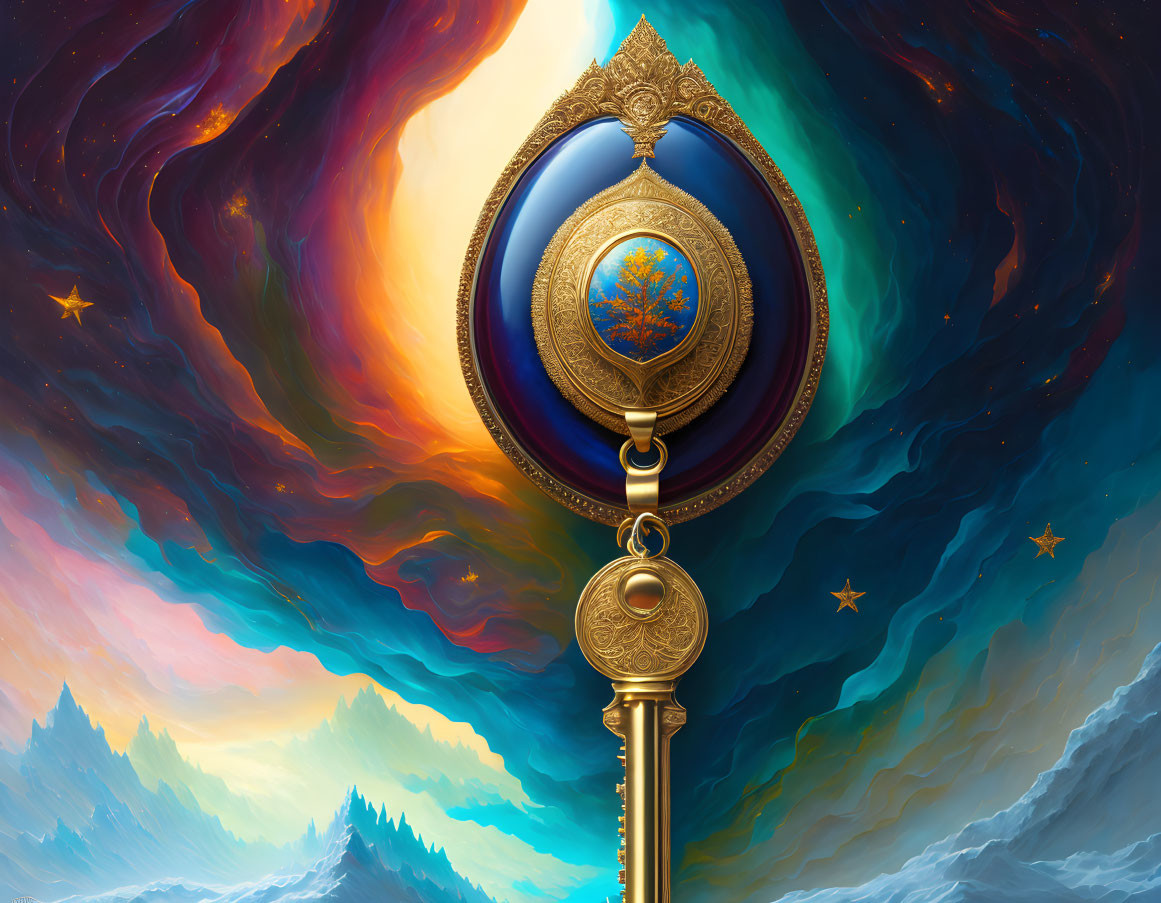 Celestial sphere staff against cosmic backdrop