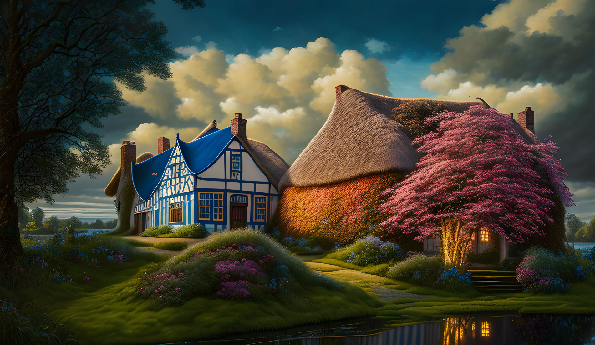 Tranquil dusk setting with thatched-roof cottages and pink blossoming tree