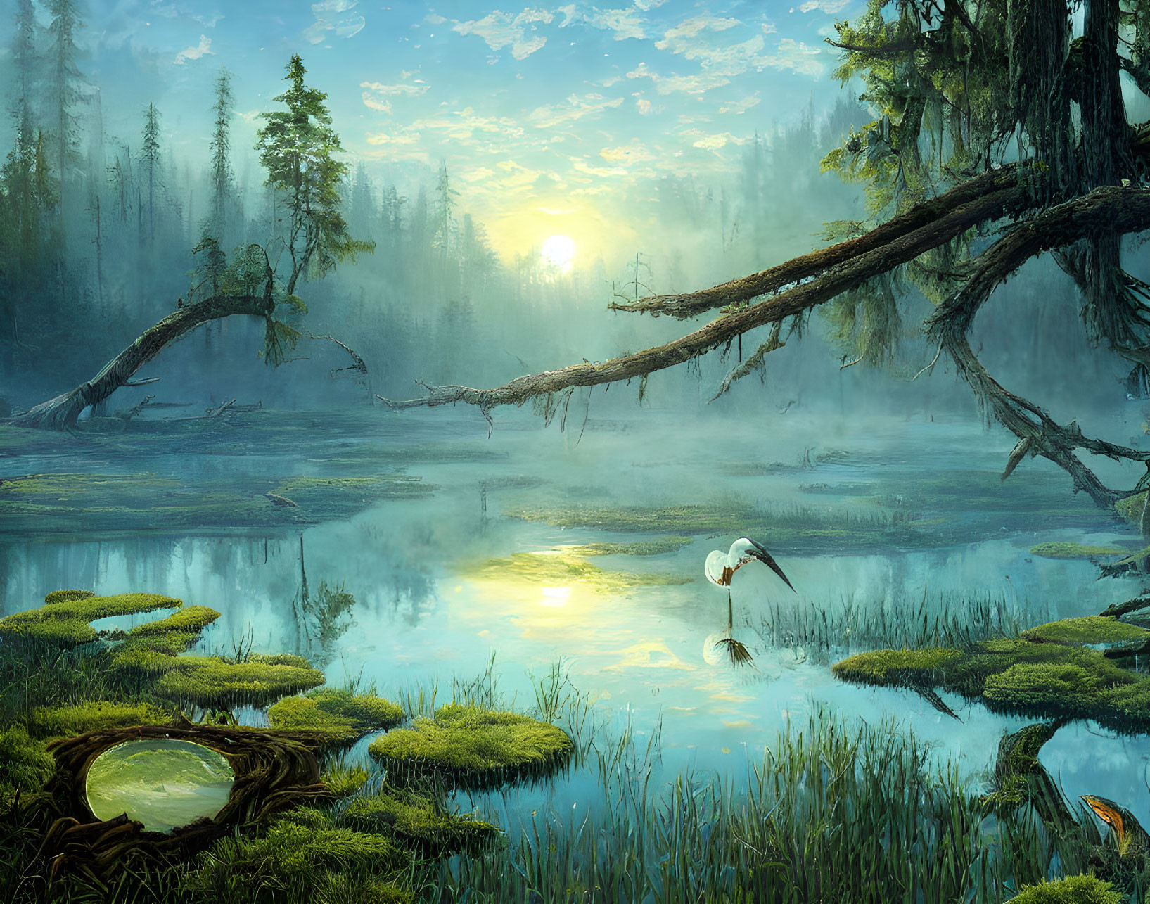 Tranquil forest swamp at sunrise with sunbeams, heron, and lush greenery.