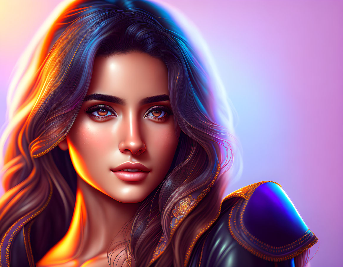 Vibrant digital artwork: Woman with blue eyes and multicolored hair in neon glow on purple