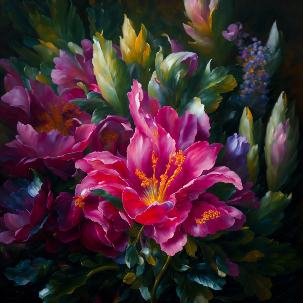 Colorful oil painting of large pink flower in lush greenery