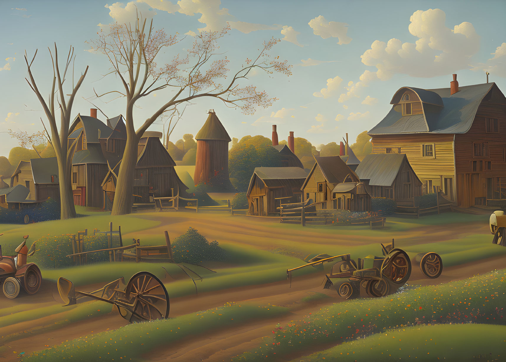 Rustic village scene with quaint houses, old tractor, water tower, and flower fields at sunset