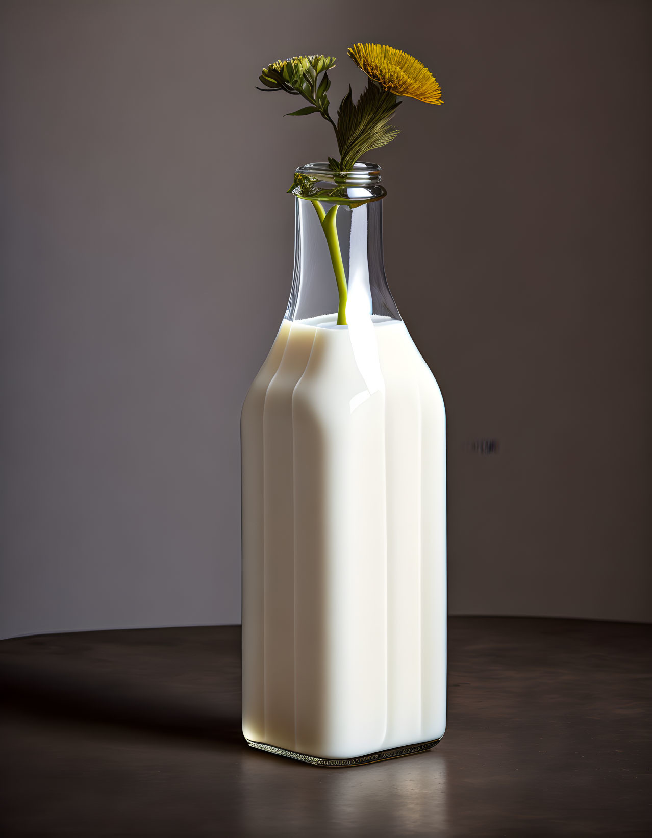 Glass bottle filled with milk, green leaves, brown surface, gray background