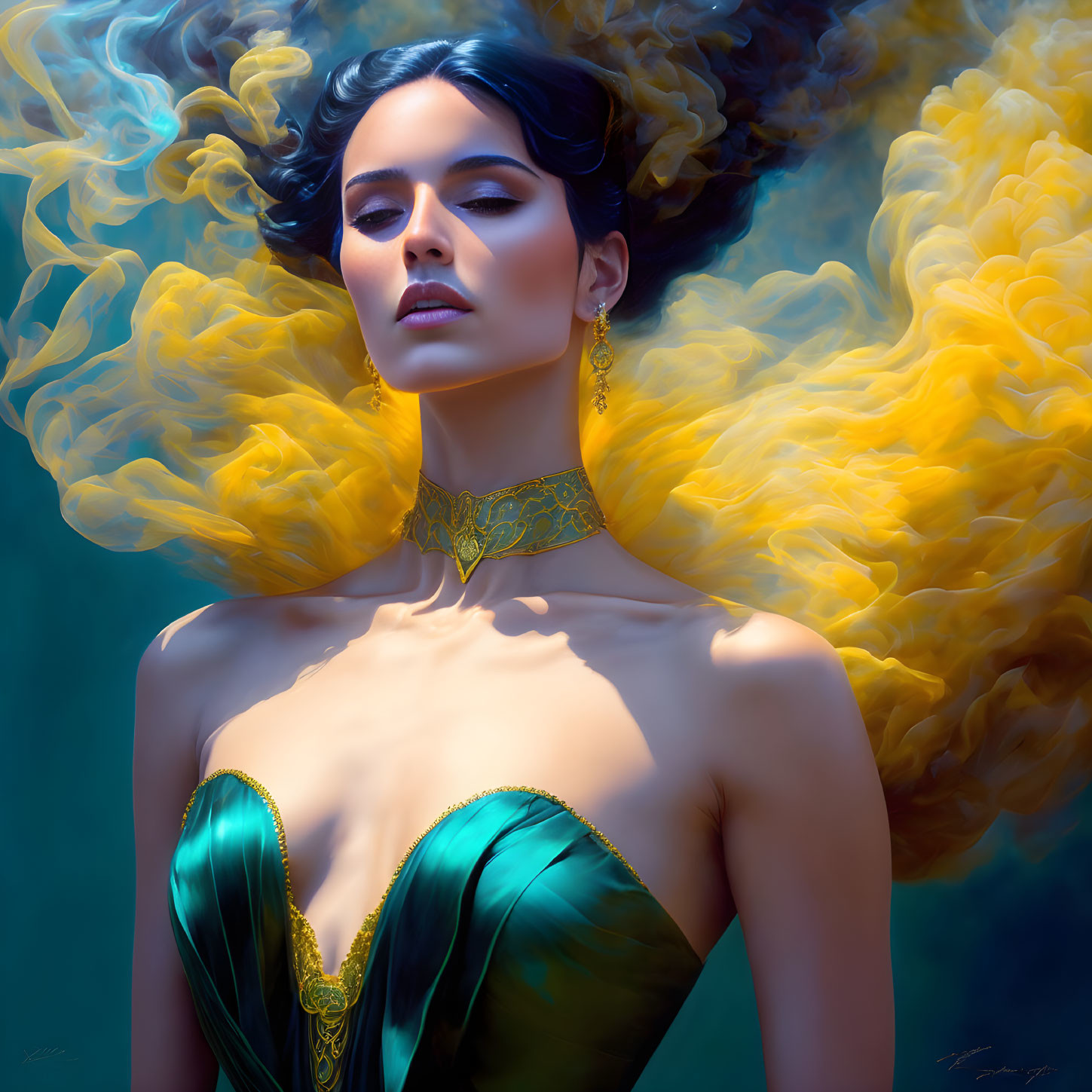 Dark-haired woman in green dress surrounded by golden smoke on blue background