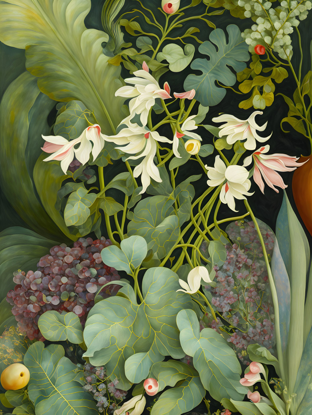 Vibrant botanical illustration with white and pink flowers, green foliage, and fruit.