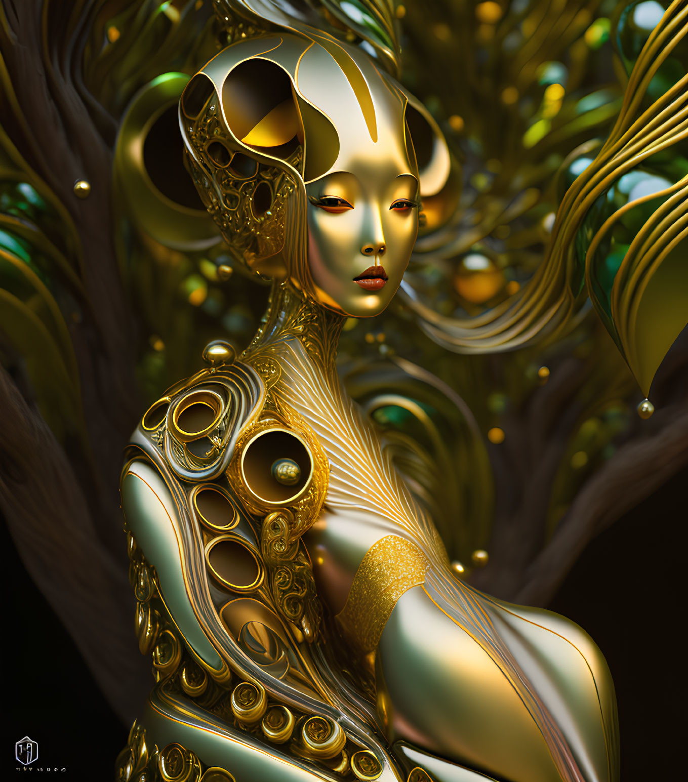 Futuristic digital art portrait of female figure in gold and white robotic armor