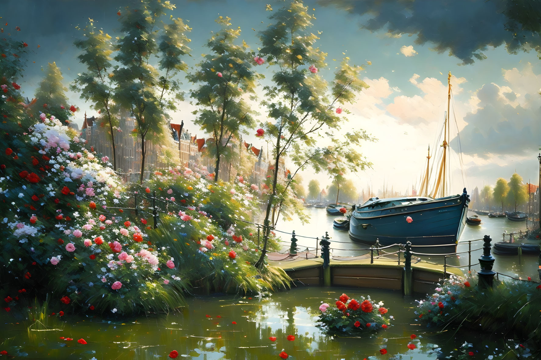 Tranquil canal with blooming flowers, moored boats, city backdrop, and hazy sky