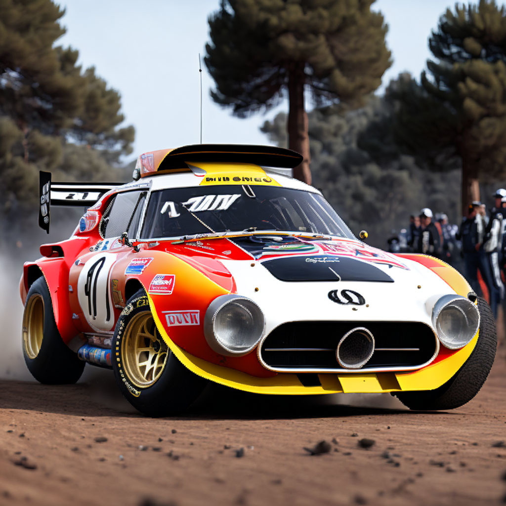 Vintage Red and Yellow Race Car with Number 1 on Gravel Road Among Pine Trees