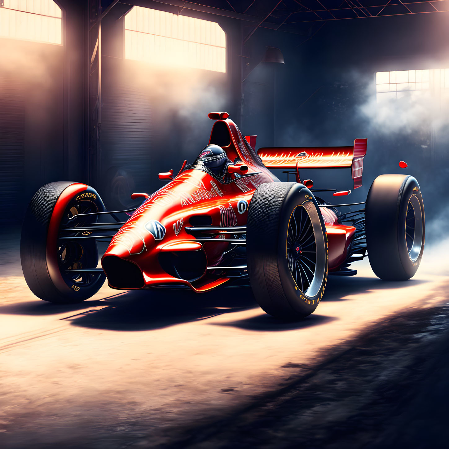 Vibrant red and black Formula 1 racing car in dimly lit garage