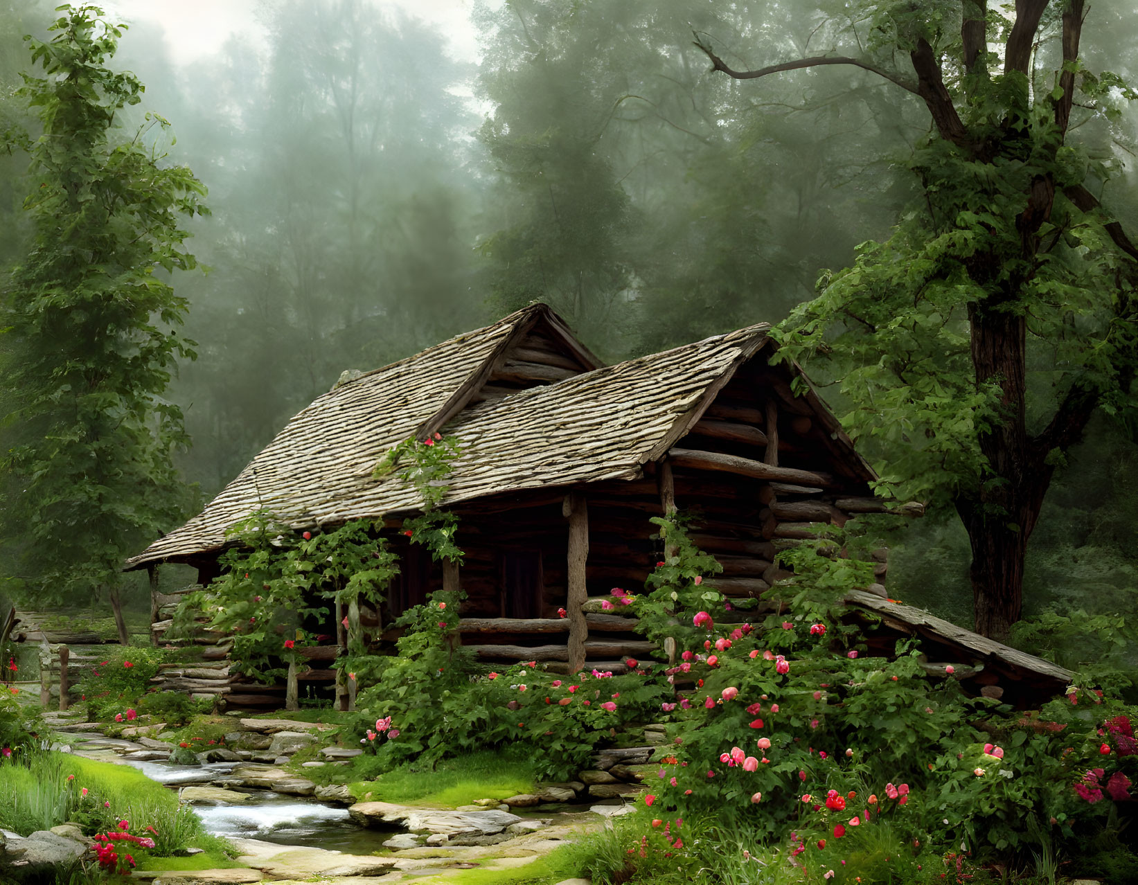 Rustic wooden cabin in lush forest setting with stone path, misty ambiance